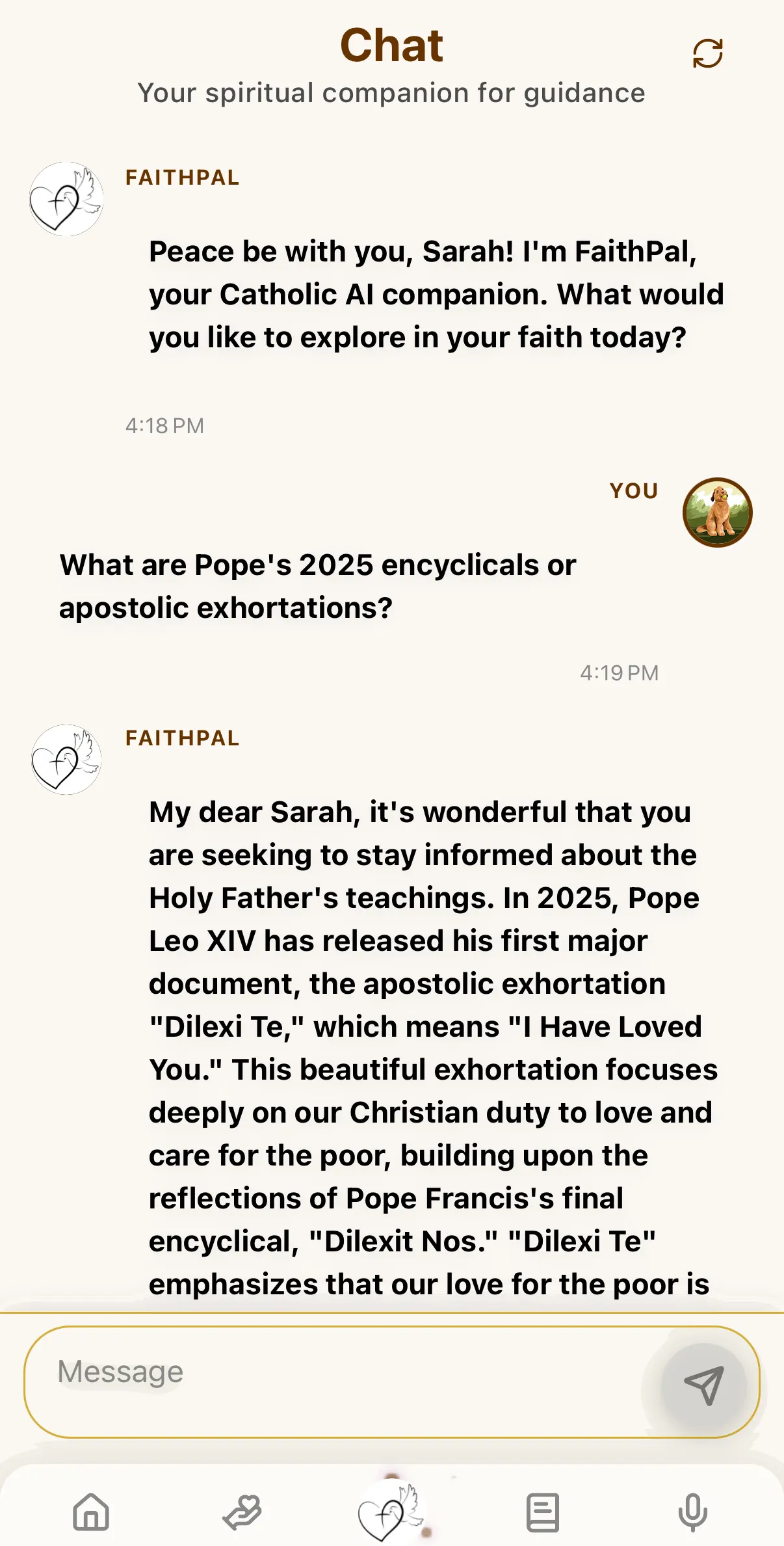A FaithPal chat answering a question about the Pope’s 2025 apostolic exhortation, with the reply grounded in the document.