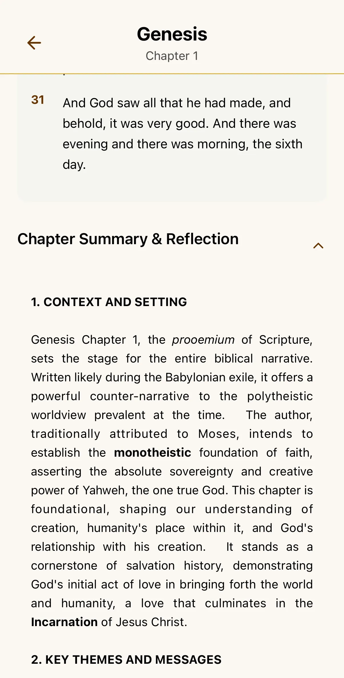 Genesis chapter 1 in the FaithPal Bible reader, with a chapter summary below the verses.