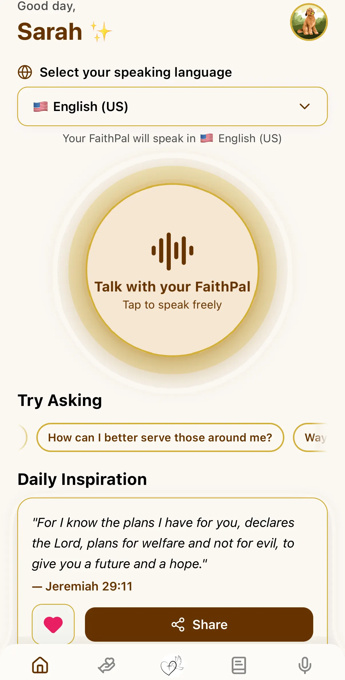 The FaithPal home screen, with a button reading Talk with your FaithPal and a language selector beneath it.